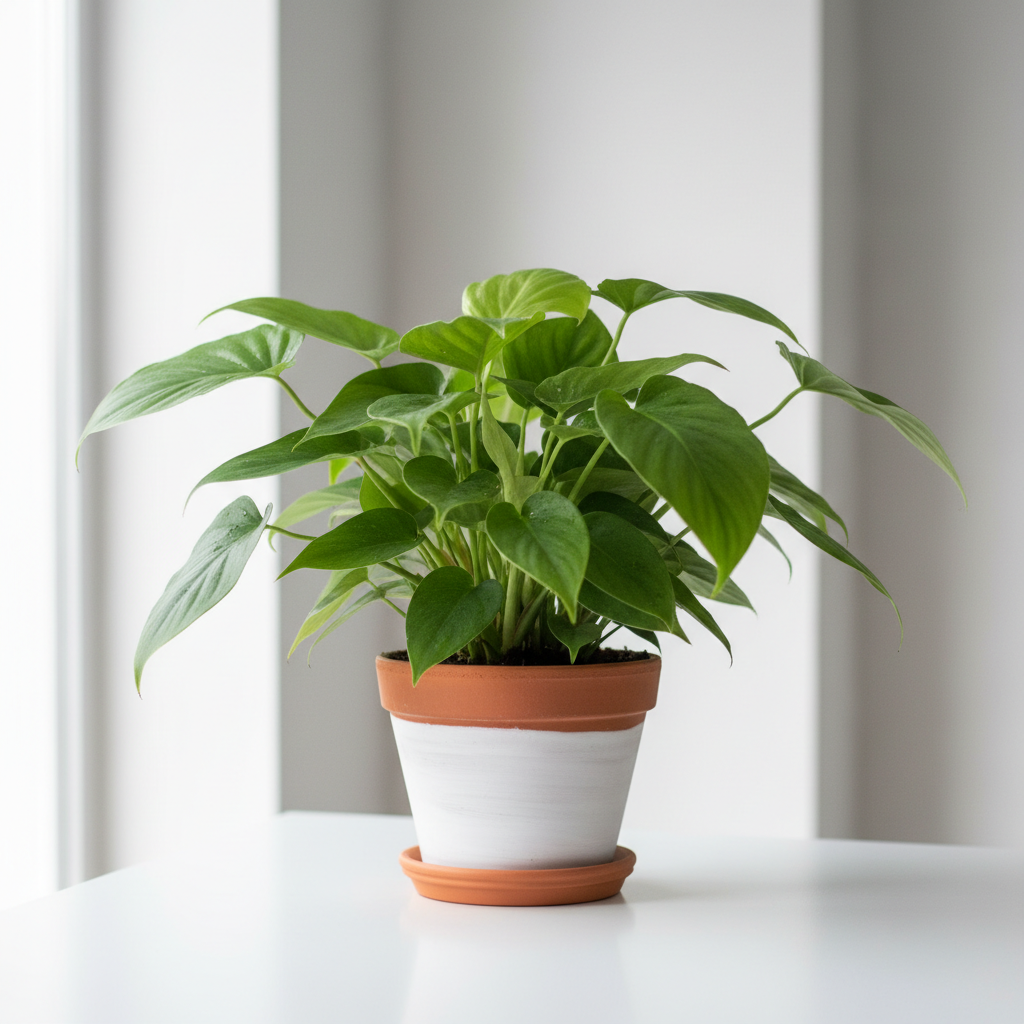 Lush green potted plant on a white surface