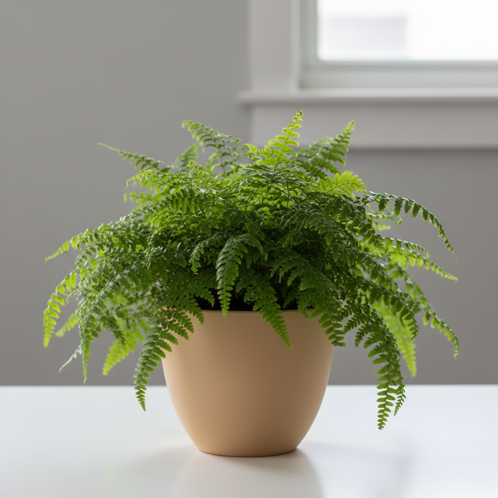 Lush green potted plant on a white surface