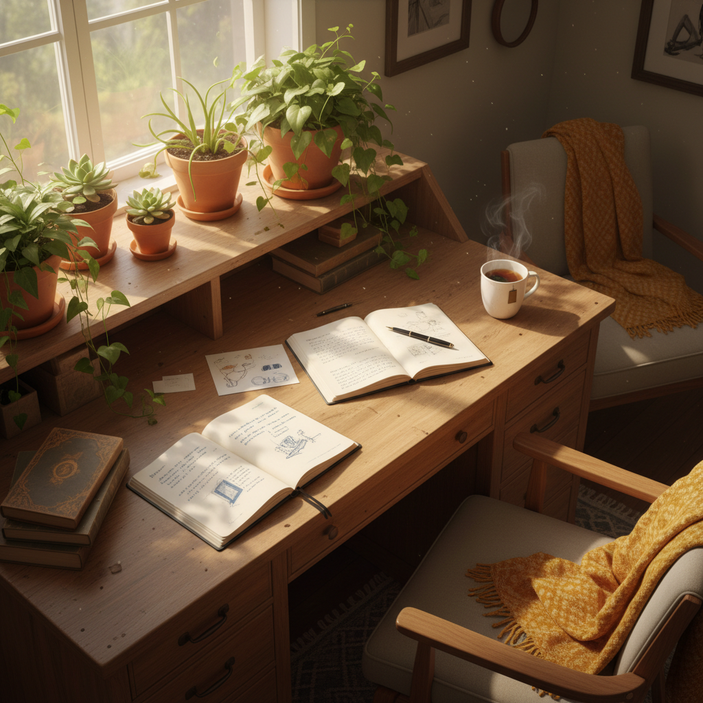 A warm, friendly small office scene — a cosy workspace with a wooden desk, plants, notebooks, and warm natural light streaming through a window. Inviting and approachable, not corporate. Soft warm tones, overhead or slight angle view.