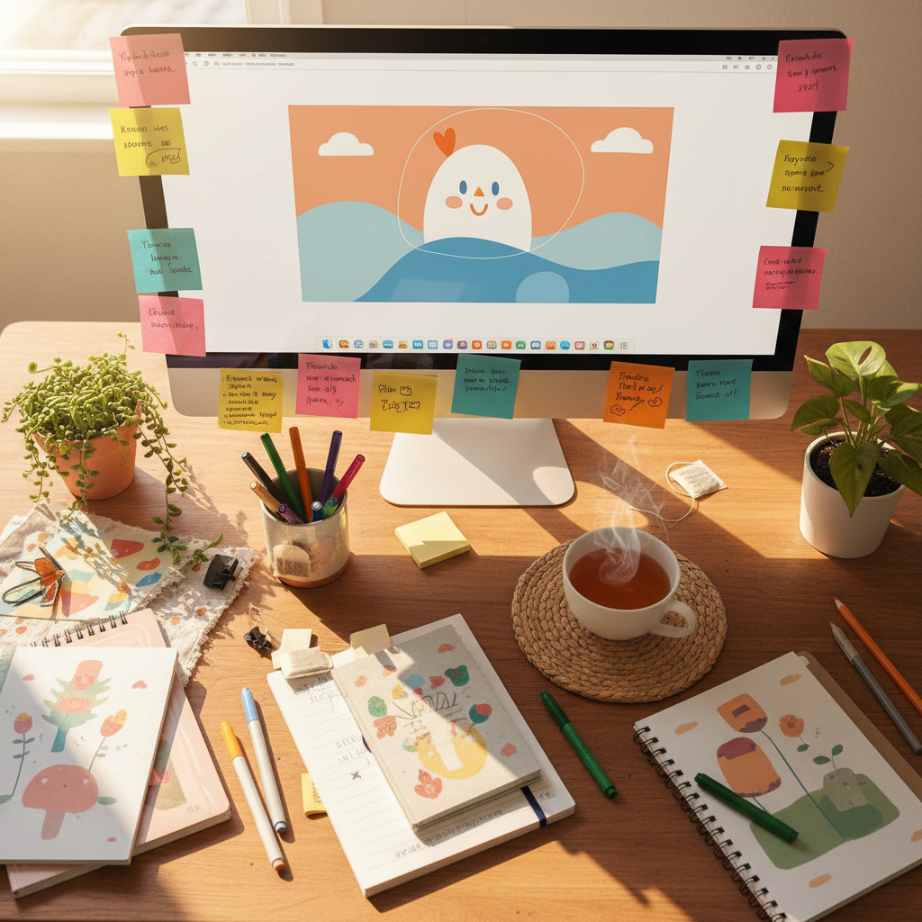 A warm and happy overhead shot of a computer screen on a wooden desk surrounded by colourful sticky post-it notes, notebooks, pens, a cup of tea, and small plants. Warm golden tones, soft natural light, cosy and creative atmosphere.