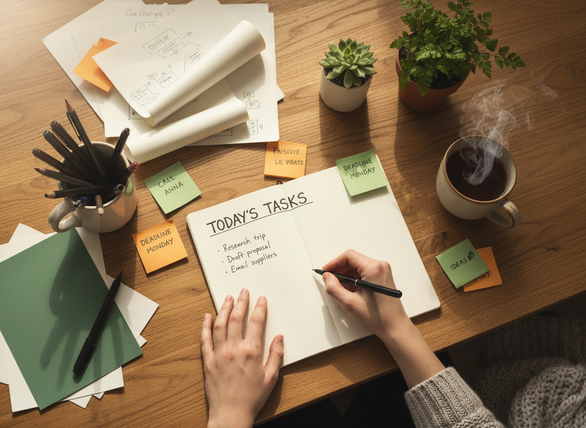 A warm rustic overhead shot of someone writing a to-do list by hand in a notebook on a busy wooden desk, surrounded by papers, sticky notes, pens, a cup of tea, and small plants. Warm earthy tones, soft natural light, cosy and authentic atmosphere, not corporate.