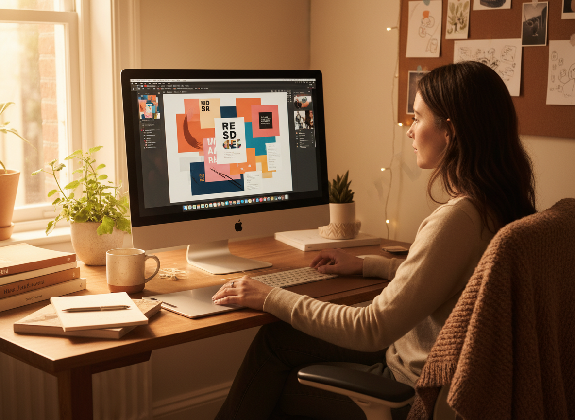 A woman sitting at a desk working on a Mac computer, designing something creative on screen, warm natural light, cosy and productive workspace, soft warm tones, authentic and approachable feel, slight angle view