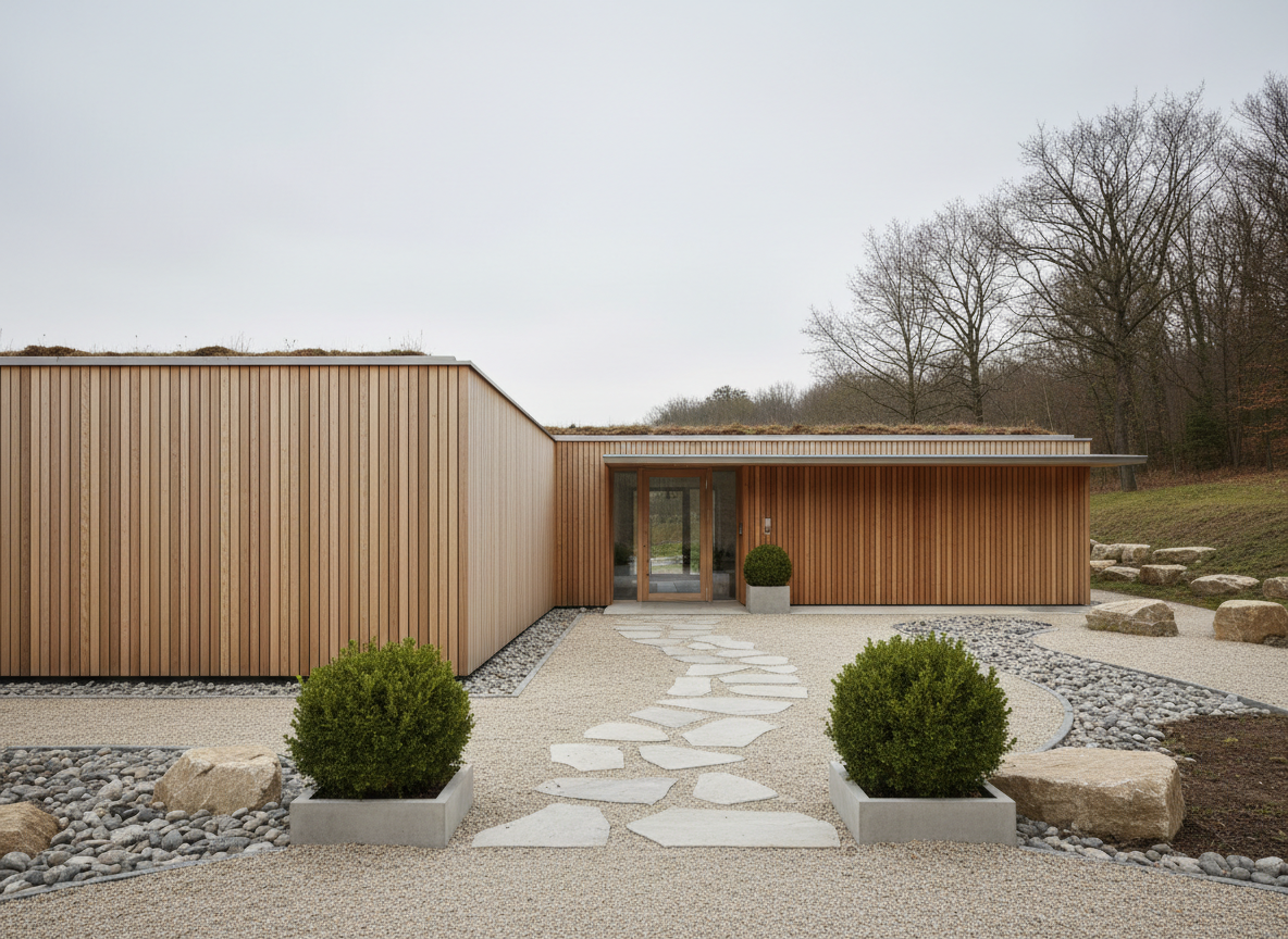 Exterior of a minimalist sustainably built small office building with clean natural wooden walls and a subtle green sedum roof, simple gravel or stone path leading to the entrance, sparse landscaping with just a couple of small shrubs, soft overcast natural daylight, no people, calm and understated eco-friendly architecture