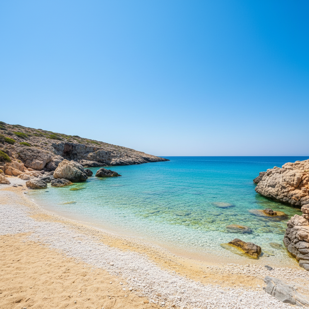 Beautiful Greek beach with crystal clear turquoise water, white pebbles and golden sand, rocky coastline, bright blue sky, no people, peaceful and sunny Mediterranean atmosphere