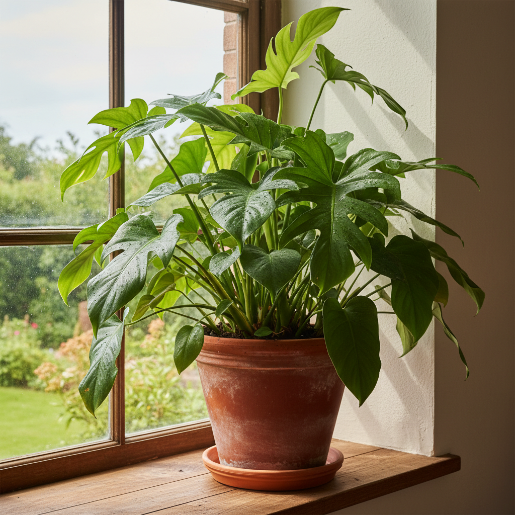 Lush tropical houseplant with vibrant green foliage in a terracotta pot, well-lit natural daylight