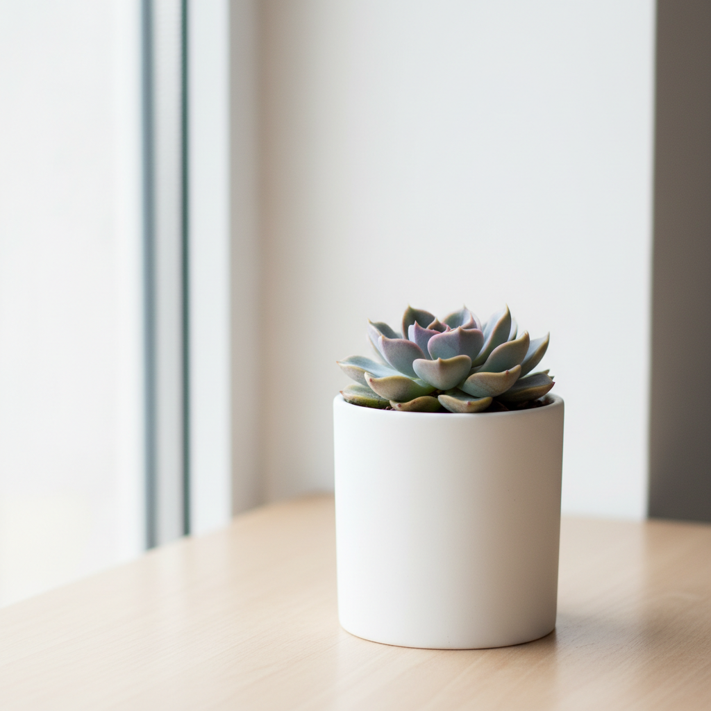 Small succulent plant in a white ceramic pot, bright natural lighting, minimalist aesthetic