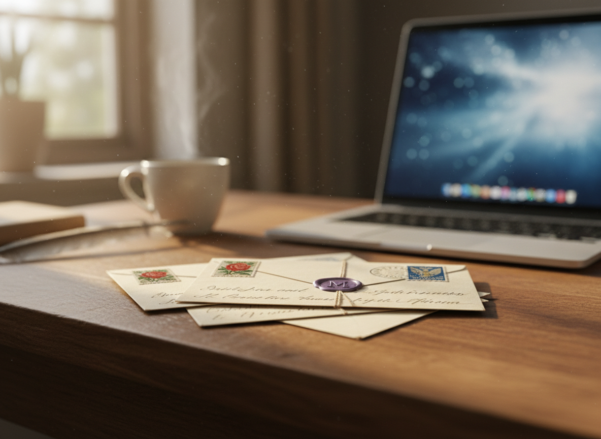 A small stack of handwritten letters with stamps on a warm wooden desk, a computer softly blurred in the background, warm rustic tones