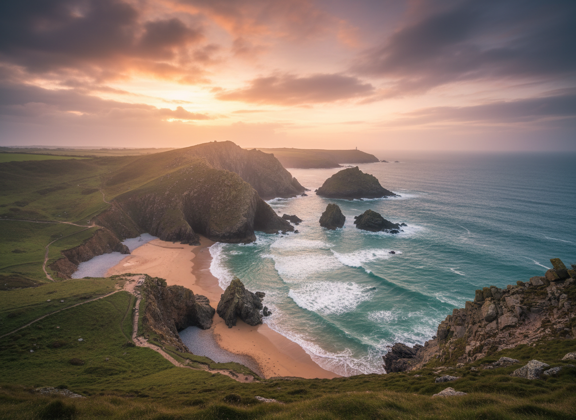 A breathtaking Cornish coastline scene with rugged granite cliffs, turquoise Atlantic waters, golden sandy coves, and dramatic skies with soft warm light
